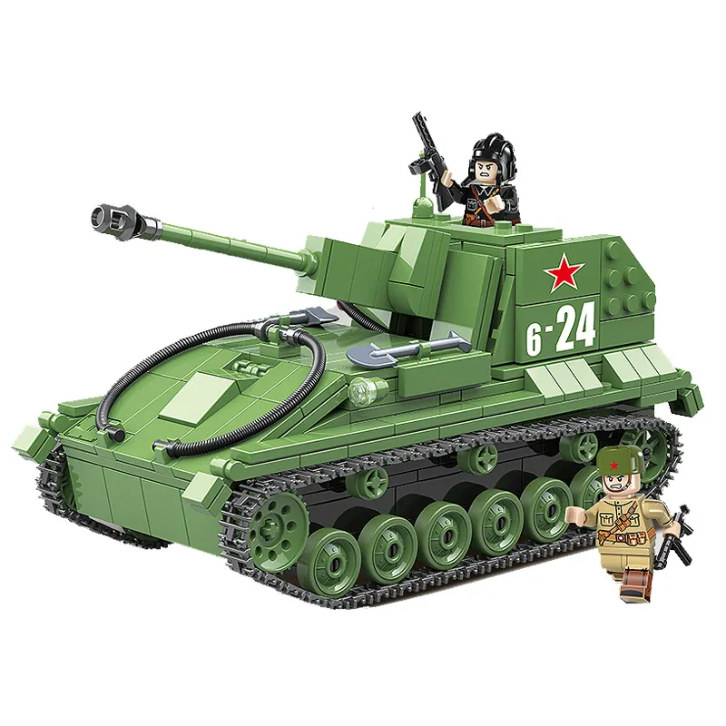 100085 601Pcs Military Soviet Union SU-76M Tank Building Blocks Toys Army WW2 Soldier Weapon Building Toys