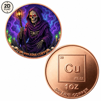 Pièce de monnaie en cuivre pur 999 de 1 oz, imprimée en couleur 2D, avec motif de la Mort avec un chapeau violet, d'un squelette avec une lanterne et de bougies vertes