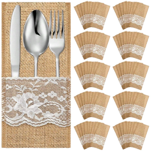 Pafu, decoración de mesa para fiesta de boda, soportes para Tenedor de cuchillo con diseño de encaje, soportes para utensilios de arpillera Natural - Product Image 5