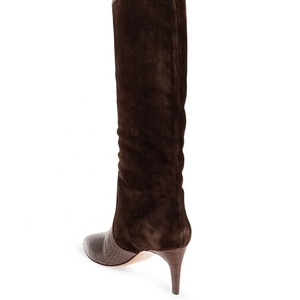 Big Size 46 Suede Leather Patchwork Long Booties Wide Fit Low Heels Shoes Women's Pointed Toe Stone Print Knee High <b>Boots</b> - Product Image 6