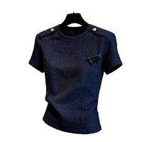 T-shirt unisexe à manches courtes coupe ajustée style bohème design français 2026 été bleu foncé boucle métallique respirant séchage rapide Spandex