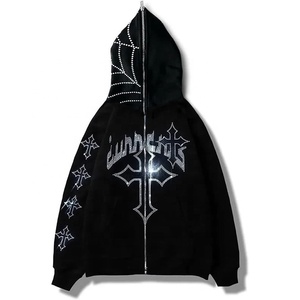 Custom 400GSM 500GSM 550GSM peso pesante strass con stampa grafica su viso Oversize Full Zip up felpe con cappuccio per l'inverno - Product Image 5