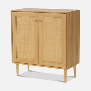 2024 Wood Natural Rattan Decorated Sideboard Storage Cabinet Adjustable Shelf Buffet Accent Living Room Kitchen Hallway