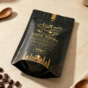 Bolsa de aluminio con cierre vertical, impresa a medida, negra, con estampado en caliente dorado, 250g, para envasar granos de café y café en polvo. - Product Image 4