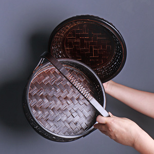Bamboo Woven Double Layer Food <b>Box</b> Round <b>Large</b> Size Chinese Style <b>Gift</b> Craft Storage Container - Product Image 3