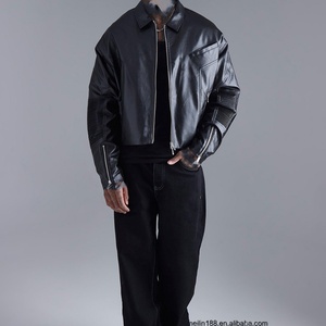 Veste en cuir PU noire de haute qualité pour homme, avec fermeture éclair sur les manches et poche oblique sur la poitrine, modèle court, collection 2023 - Product Image 1