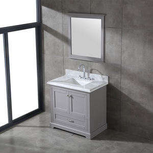 Meuble-lavabo de salle de bain moderne en bois massif style ferme avec vasque en céramique, miroir encadré résistant à l'eau et construction à fermeture douce - Product Image 2