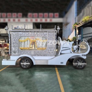 รถม้าศพไฟฟ้าสีเงินขาวตกแต่งอย่างหรูหรา สำหรับการพิธีศพ - Product Image 4