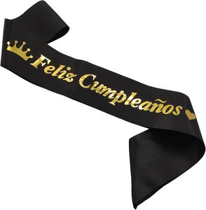 Banda de Satén Negra con <span class=keywords><strong>Feliz</strong></span> Cumpleaños Dorado, Banda de <span class=keywords><strong>Feliz</strong></span> Cumpleaños, Decoración para Fiestas Temáticas de Carnaval Mexicano - Product Image 1