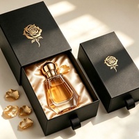 Boîte d'emballage de parfum de luxe avec logo personnalisé, boîte à tiroir en papier noir, boîte à parfum vide en verre, boîte cadeau en gros