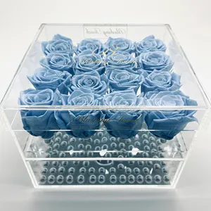 Handmade Acrylic artificial flower Gift Box 6x6 inch Simplicity 4 Holes Clear Acrylic Rose Flower Box