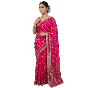 Sari indien pakistanais pour femmes en soie modal, brodé à la main avec des motifs floraux, manches bouffantes, col en V, de haute qualité, réversible, longueur au sol - Product Image 1
