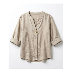 Chemise tunique pour femme en lin et coton respirant de qualité fantastique, manches trois quarts, col en V, coupe décontractée, été - Product Image 1