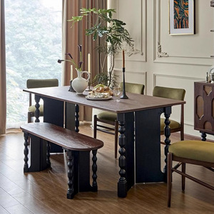 Table à manger rectangulaire en bois massif de style rétro français, meubles multifonctionnels pour salle à manger - Product Image 1