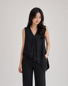 Chic Asymmetrical Sleeveless Lace <b>Top</b> with <b>Layered</b> Hem for Casual Office - Product Image 4