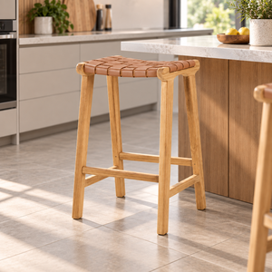 Taburete de Bar Moderno de Madera con Asiento de Cuero Trenzado, Diseño Escandinavo, Silla Estable para Barra de Cocina o Isla, Mueble para el Hogar - Product Image 1