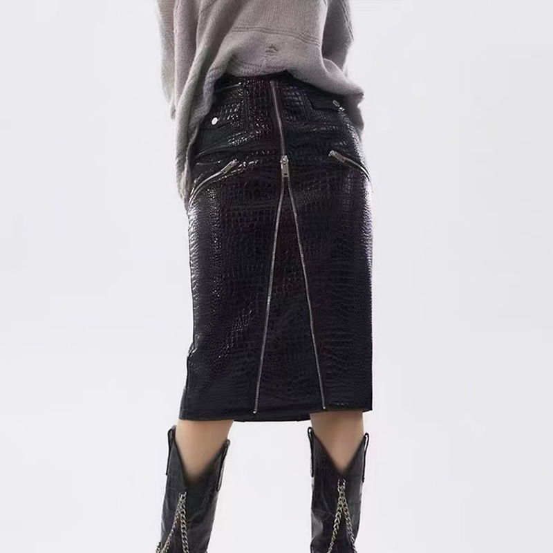 9956 Latest Design Solid Color Medium Length Women's Midi Genuine Leather Skirts Wholesale Custom