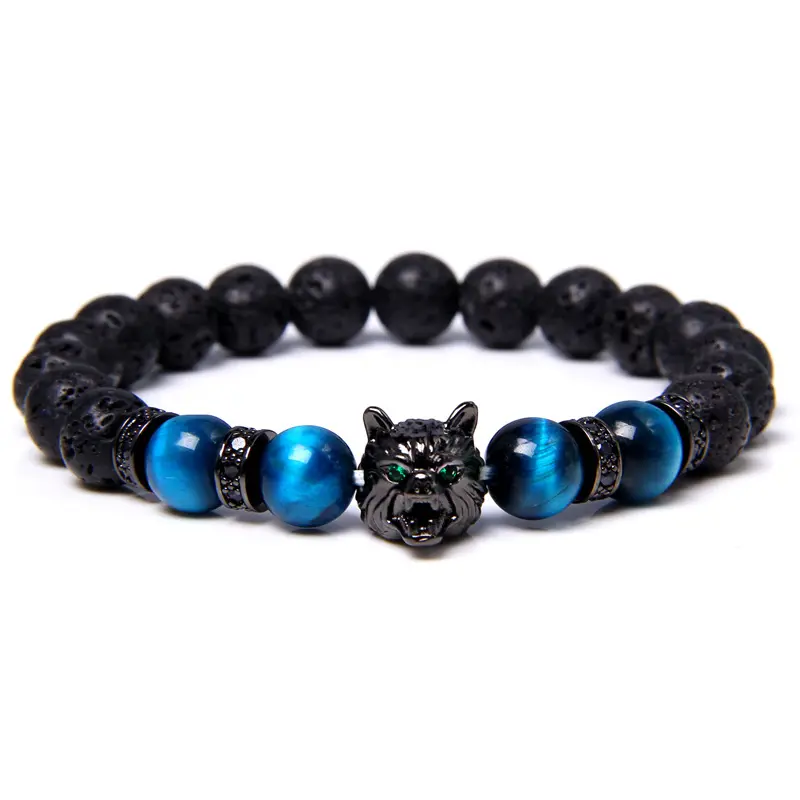 Wolf Head Tiger Eye Lava Rock Beaded Bracelets Adjustable Mens Bracelet Aromatherapy Essential Oil Gifts for Stress Relief