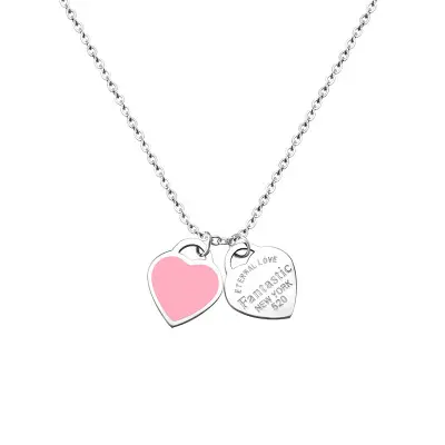 "Eternal Love Fantastic New York 520"Pendant Necklace, Love Double Heart Charm Pink Heart With Epoxy and Letter Corrosion