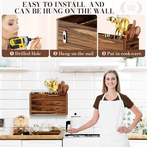 Support à couverts en bois d'acacia Yirilan pour comptoir de cuisine avec 4 compartiments, style rustique, conteneur de rangement 39,9x39,9x11,9cm - Product Image 4
