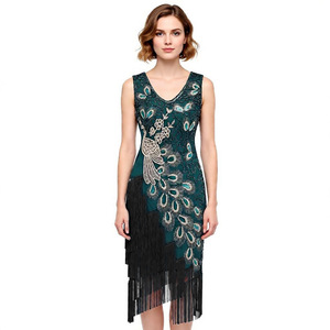 Gatsby 1920s Retro <b>Sequined</b> Dress V-neck Empire Waist Sheath Evening Gown with Tassels and Beads for Women - Product Image 4