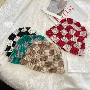 Hot Sale Factory <strong>Cheap</strong> Cool Checkerboard Wool Knitting Ruffle Crochet <strong>Bucket</strong> <strong>Hat</strong> - Product Image 4