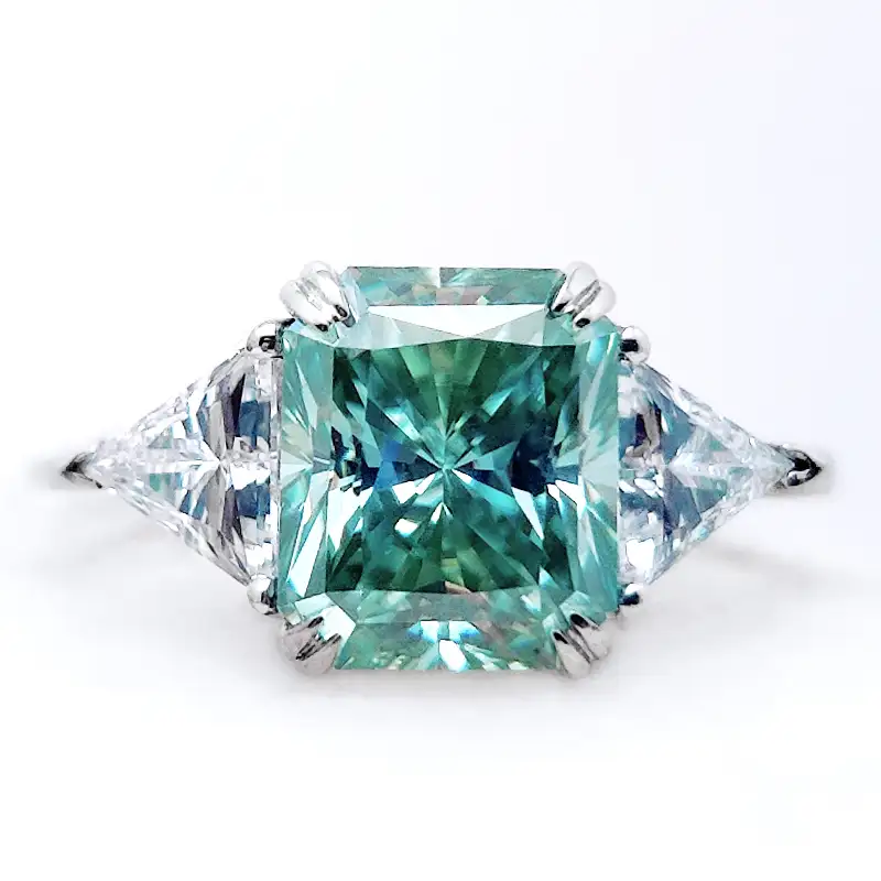 Anel de casamento da moda 14k, anel com três pedras de casamento, corte radiante, azul, anel de moissanite para presente de aniversário