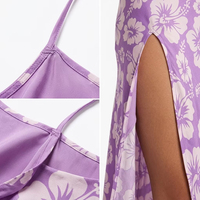 Robe midi dos nu à imprimé floral d'été avec logo personnalisé pour femme, sexy, avec fente latérale, bretelles spaghetti, motif hibiscus violet, idéale pour les vacances à la plage