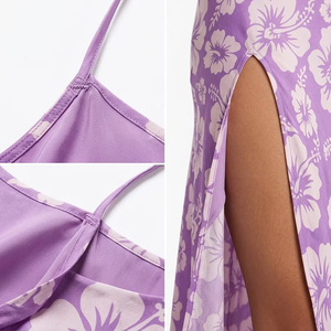 Robe midi dos nu à imprimé floral d'été avec logo personnalisé pour femme, sexy, avec fente latérale, bretelles spaghetti, motif hibiscus violet, idéale pour les vacances à la plage - Product Image 5