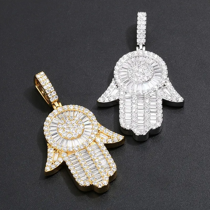 Pendentif à breloque Hamsa en argent et or, décoration de pavé complète, breloque en Zircon de palmier