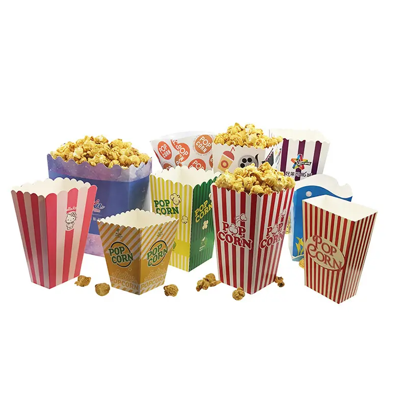 Cajas de palomitas desechables impresas personalizadas caja de palomitas de maíz al por mayor caja de palomitas de maíz de rayas rojas y blancas de cine