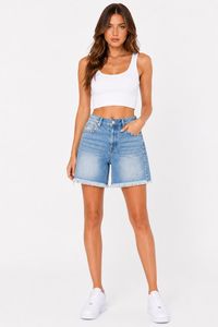 Shorts in denim a vita alta con orlo sfrangiato in cotone stonewashed, casual per l'estate - Product Image 1