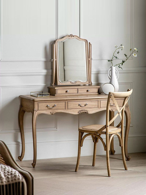 French Style Carved Solid Oak Wood Dressing Table & Makeup Stool Set Makeup Mirror French Vintage Desk for Small-Space Bedrooms