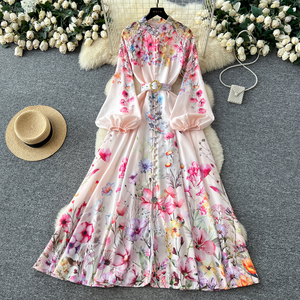 Verano Vintage túnica vendaje Casual Maxi vestido para mujer linterna manga imperio impreso vestido - Product Image 1