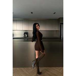 Ensemble jupe asymétrique marron foncé, motif imprimé décontracté, tricoté en tissu laineux, coupe ajustée pour l'été - Product Image 1