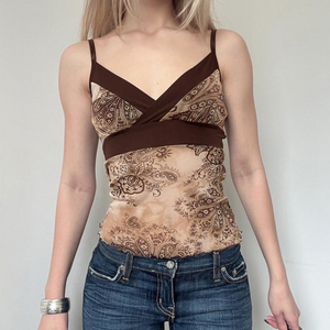 Women Y2K Vintage Floral Print Contrast Mesh V Neck Cami <b>Top</b> Sexy Slim Fit Summer <b>Crop</b> Tank <b>Top</b> Wholesale - Product Image 5