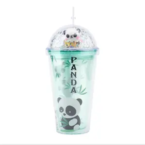 15oz 450ml Custom Cartoon Panda Kids Double Wall Plastic Tumbler Cup With Lids