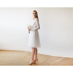 Vestido de Novia Corto, Vestido Midi de Tul y Encaje Color Marfil # 1144 - Product Image 5