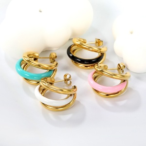 Ins Popular Multilayer C Shaped 18k <b>Gold</b> Plated <b>Chunky</b> Stainless Steel Jewelry Multicolor Enamel <b>Hoop</b> Earrings for Women - Product Image 4