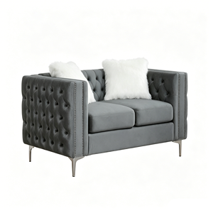 Juego de sofás tapizados en terciopelo gris de diseño europeo con materiales de primera calidad para sala de estar de 3+2 plazas con cojines decorativos blancos - Product Image 5