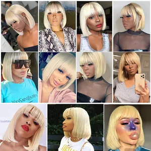 GS Blonde Short Straight Bob Perücke Mit Pony Brasilia nische Jungfrau Echthaar Maschine Made Blonde Bob Fringe Perücke Für Frauen