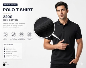 Polo de Piqué para Hombre, 100% Algodón, 220G, Manga Corta, Negro, Transpirable, Color Sólido, Estilo Casual Elegante, Tejido de Punto - Product Image 1