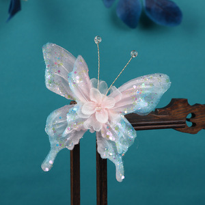 Nuevo accesorio para el cabello de estilo chino tradicional, diseño original, flor de gasa rosa hecha a mano con estampado en caliente y varilla suave con diseño de mariposa. - Product Image 2