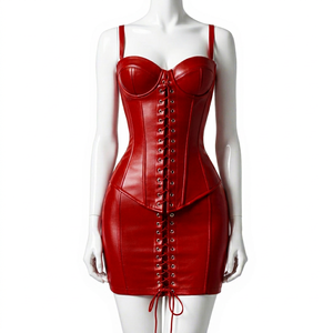 Women Red Faux Leather Underwire with Front Lace Up and Adjustable Strap Sexy One Piece - Product Image 1