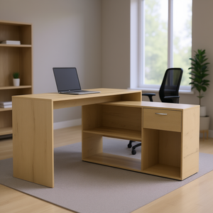 Scrivania a L Lyncliff in Rovere Chiaro con 1 Cassetto e 2 Ripiani, Design Contemporaneo, Postazione di Lavoro Indipendente - Product Image 2