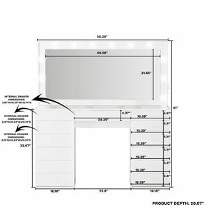 <span class=keywords><strong>Coiffeuse</strong></span> moderne blanche pour fille avec grand <span class=keywords><strong>miroir</strong></span> LED, plateau en verre et tiroirs multiples - Product Image 3