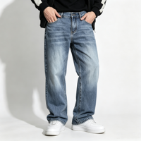 Jean droit moderne pour homme, en denim bleu délavé, coupe ample et décontractée, cinq poches, pantalon décontracté, vente en gros OEM