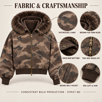 Blouson zippé à capuche pour homme, coupe courte et carrée, en camouflage marron délavé, avec garniture en fourrure, style streetwear, en tissu épais, fournisseur en gros pour marques