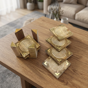 Juego de 5 Posavasos Cuadrados de Madera con Incrustaciones de Latón Hechos a Mano, Estilo Clásico, Ecológicos, Soportes para Bebidas, Grosor de 5 mm, Protectores de Mesa Premium - Product Image 1