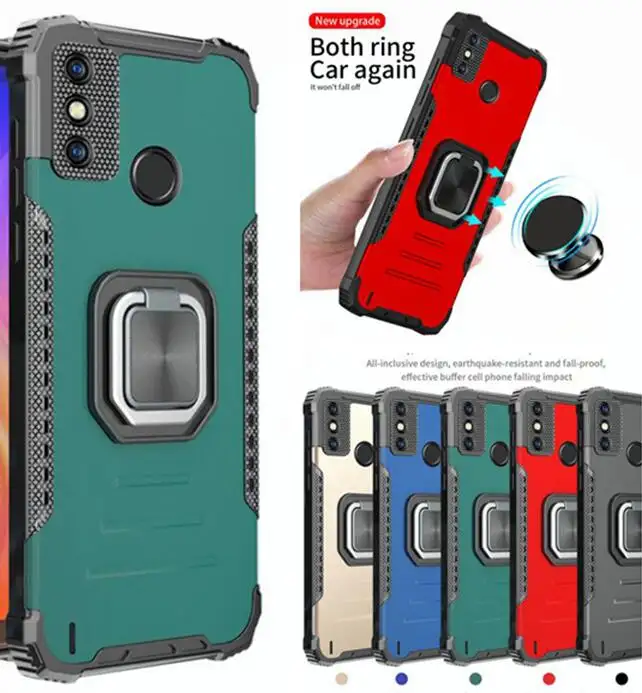 Sarung Pelindung Ponsel Kickstand, untuk Tecno Spark 6 / Spark 6 GO Kickstand Cincin Pemegang Mobil Dudukan Magnetik TPU PC Keras Tahan Guncangan Kulit Belakang